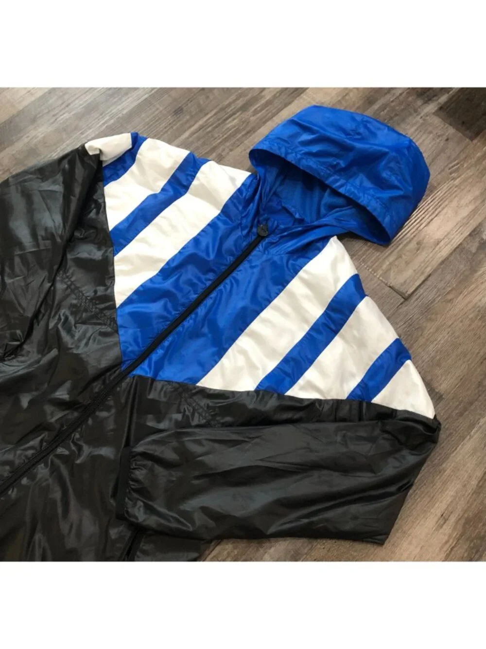 Rare Adidas Equipment Youth XL Black Blue & White Hooded Windbreaker Jacket